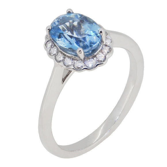 A modern, 18ct white gold, aquamarine & diamond set cluster ring