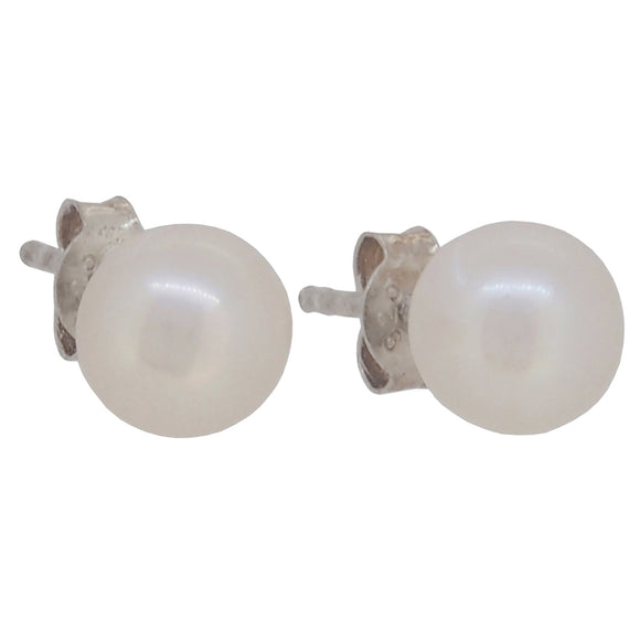 A pair of modern, silver, fresh water pearl set stud earrings