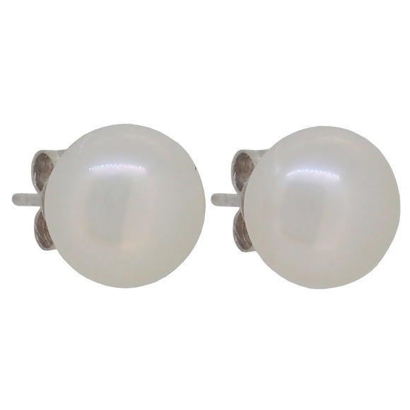 A pair of modern, silver, freshwater pearl set stud earrings