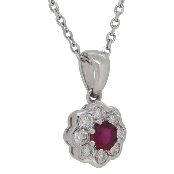 A modern, 18ct white gold, ruby & diamond set cluster pendant & chain