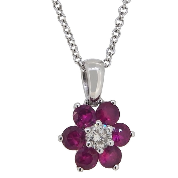 A modern, 18ct white gold, ruby & diamond set cluster pendant & chain