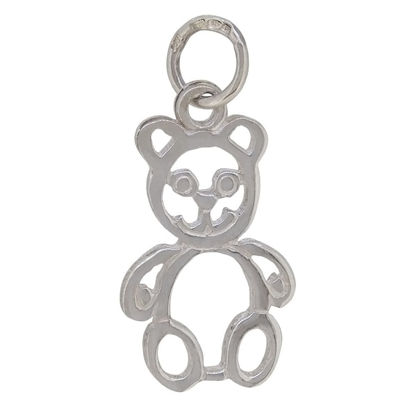 A modern, silver, open work teddy bear charm pendant