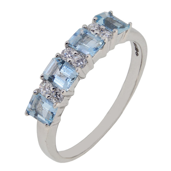 A modern, 18ct white gold, aquamarine & diamond set, ten stone ring
