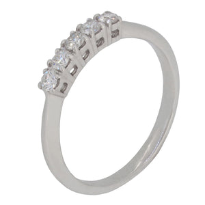A modern, 18ct white gold, diamond set five stone ring