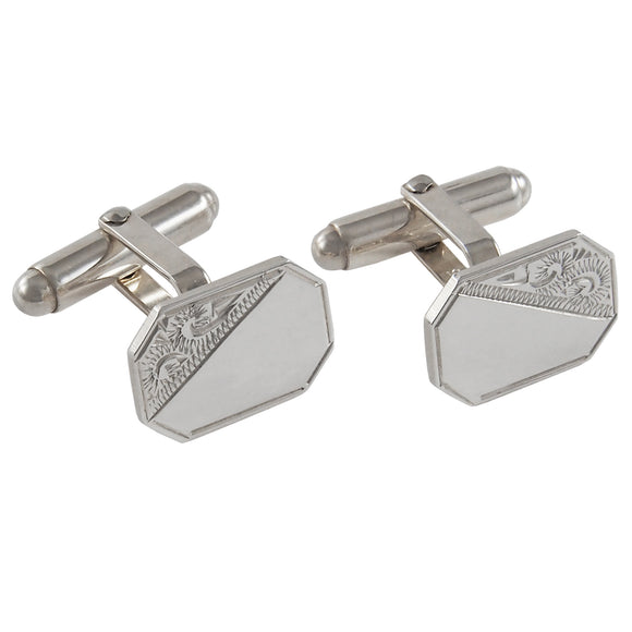 A pair of modern, silver, half engraved, rectangular, cut corner, toggle link cufflinks