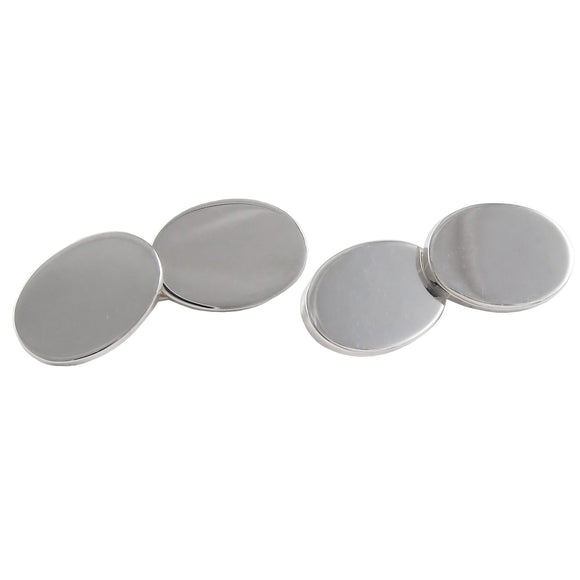 A pair of modern, silver, plain, oval, chain link cufflinks