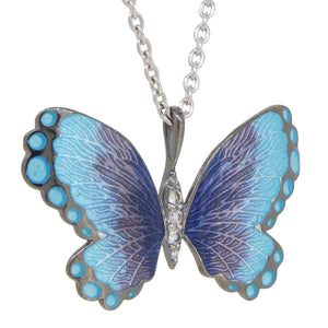 A modern, silver, white sapphire & enamel set, butterfly pendant & chain