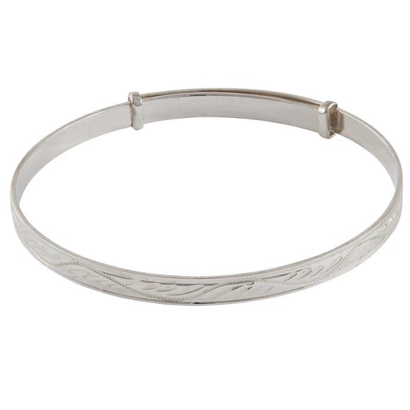 A modern, silver, adult's expanding bangle