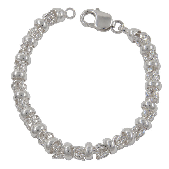 A modern, silver, circular & knot link bracelet