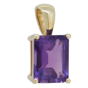 A modern, 9ct yellow gold, amethyst set square pendant