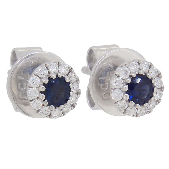A  pair of modern, 18ct white gold, sapphire & diamond set cluster stud earrings