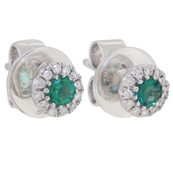 A pair of modern, 18ct white gold, emerald & diamond set cluster stud earrings