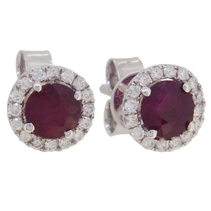 A pair of modern, 18ct white gold, ruby & diamond set cluster stud earrings