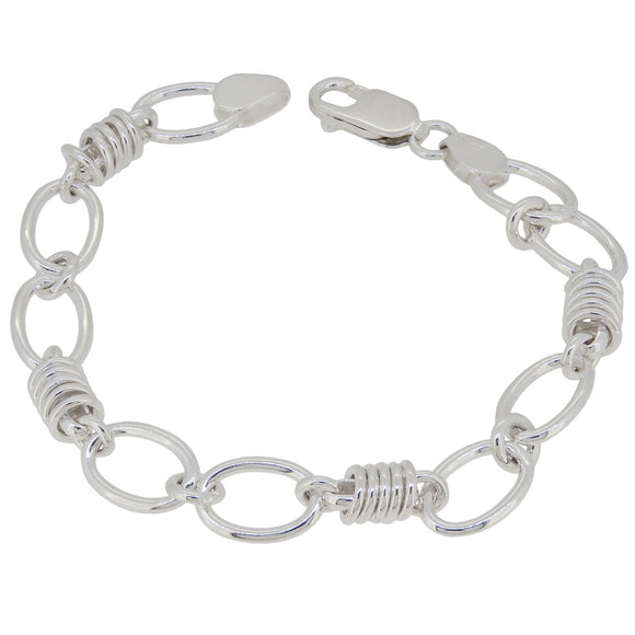 A modern, silver, handmade, circular & oval link bracelet