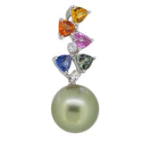 A modern, 18ct white gold, Tahitian pearl & multi coloured sapphire set pendant