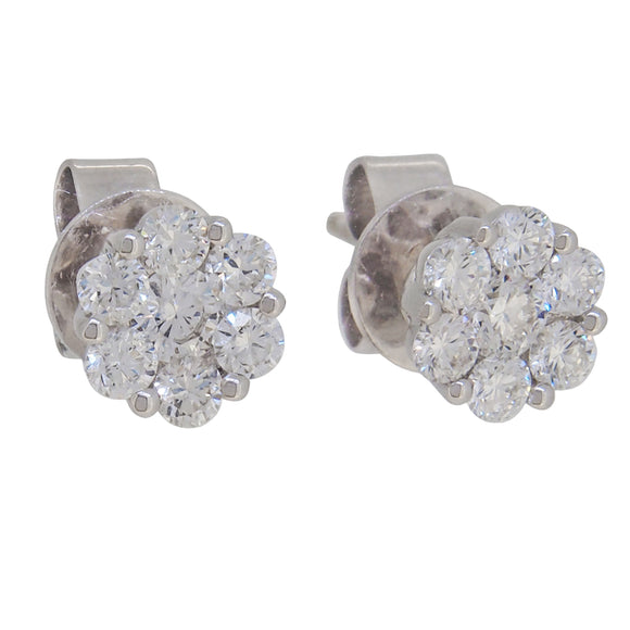 A pair of modern, 18ct white gold, diamond set cluster stud earrings
