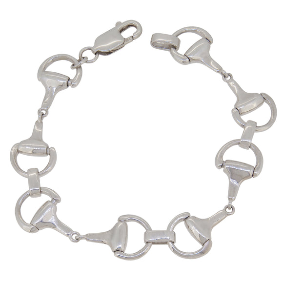 A modern, silver, snaffle & bit link bracelet