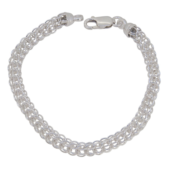 A modern, silver, circular link bracelet