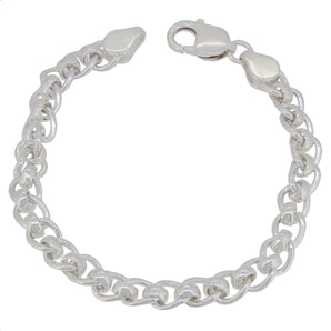 A modern, silver, circular & curb link bracelet.