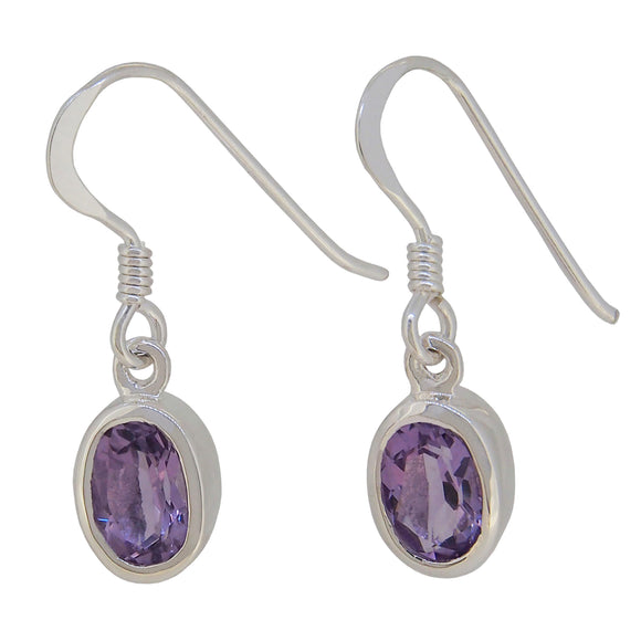A pair of modern, silver, amethyst set drop earrings