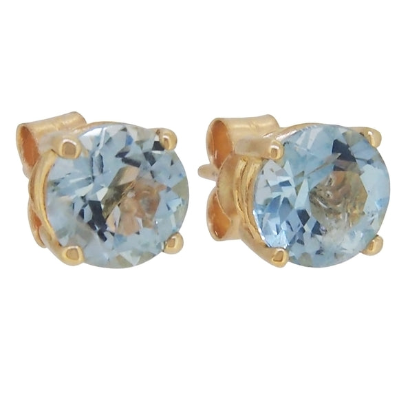 A pair of modern, 9ct yellow gold, aquamarine set stud earrings