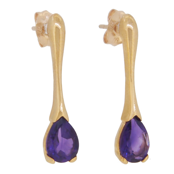 A pair of modern, 9ct yellow gold, amethyst set drop earrings