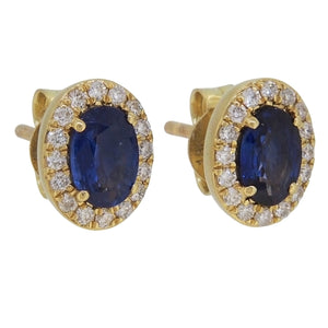 A pair of modern, 18ct yellow gold, sapphire &amp; diamond set cluster stud earrings.