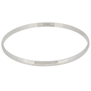 A modern, silver, plain, D shaped bangle.
