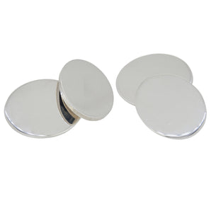 A pair of modern, silver, plain, oval, chain link cufflinks.