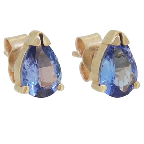 A pair of modern, 9ct yellow gold, tanzanite set, pear shaped stud earrings.