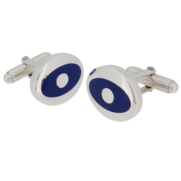 A pair of modern, silver, blue enamel set, oval cufflinks with toggle links