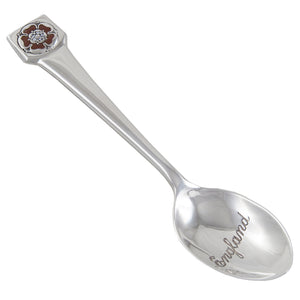 A modern, silver, England souvenir spoon with an enamel rose on the terminal end & England engraved in the bowl