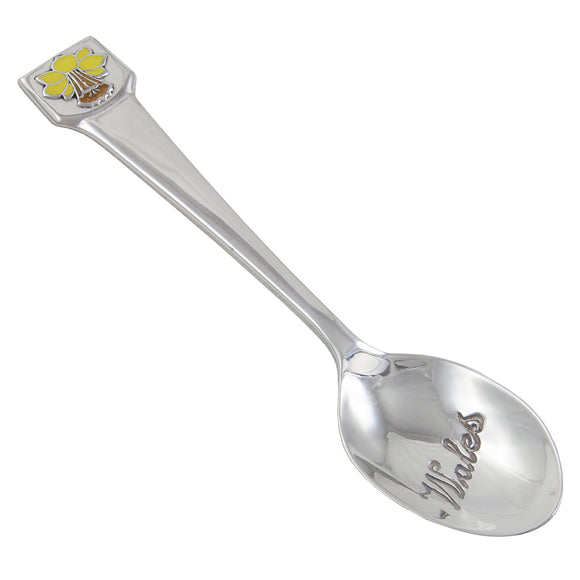 A modern, silver, Wales souvenir spoon with an enamel daffodil on the terminal end & Wales engraved in the bowl