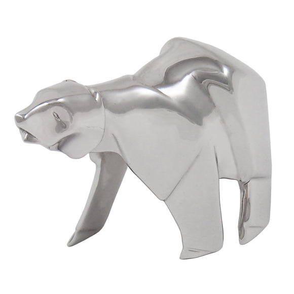 A modern, silver, origami style model of a polar bear