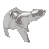 A modern, silver, origami style model of a polar bear