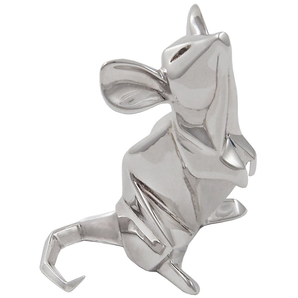 A modern, silver, origami style model of a mouse