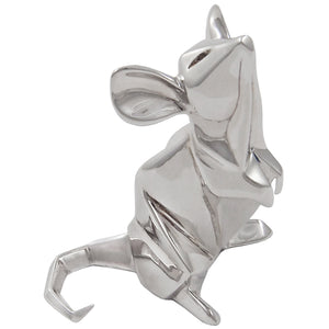 A modern, silver, origami style model of a mouse