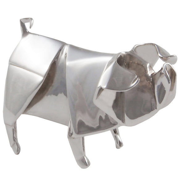 A modern, silver, origami style model of a pig