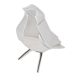 A modern, silver, origami style model of a robin