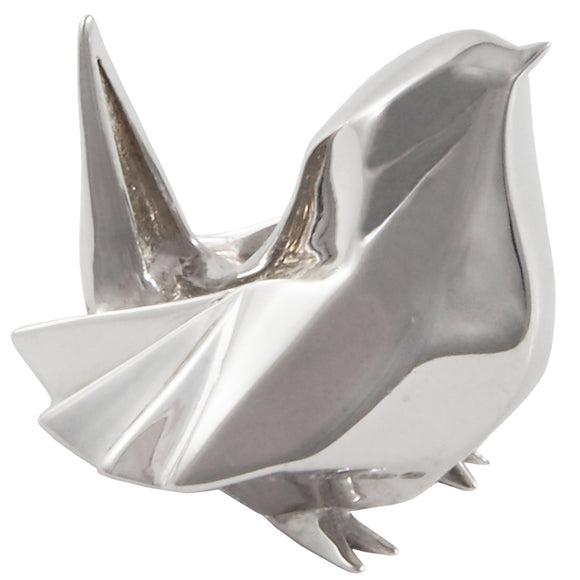 A modern, silver, origami style model of a wren