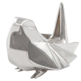 A modern, silver, origami style model of a wren