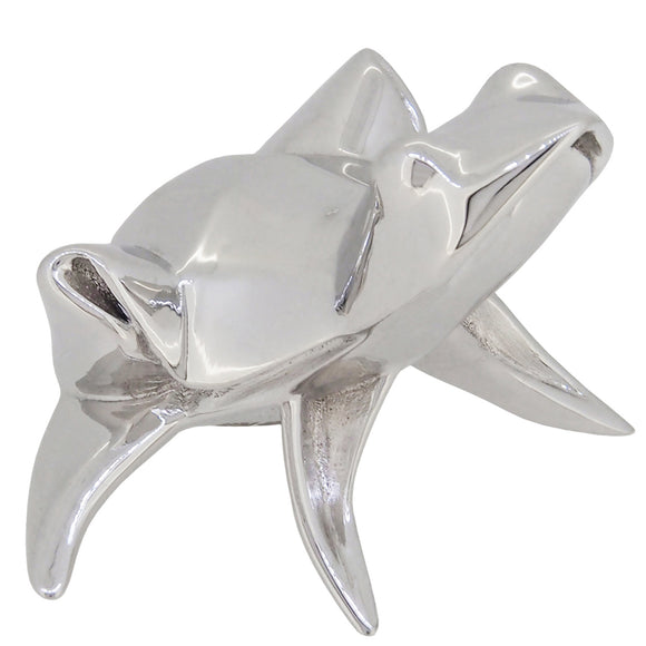 A modern, silver, origami style model of a frog