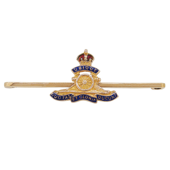An early 20th century, 9ct yellow gold, enamel set Royal Artillery Bar Brooch
