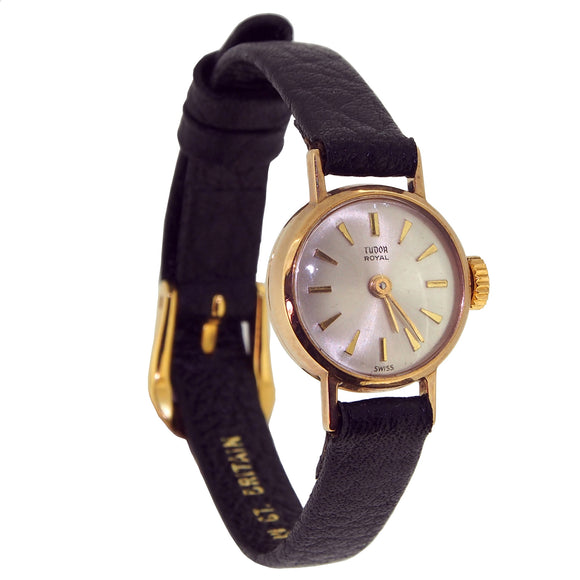 A mid-20th century, 9ct yellow gold, Tudor wrist watch with a black leather strap