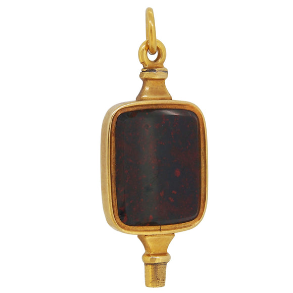 A Victorian, 9ct yellow gold, bloodstone set watch key fob