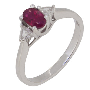 An 18ct white gold, ruby & diamond set, three stone ring