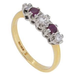 A modern, 18ct yellow gold, ruby & diamond set, five stone ring