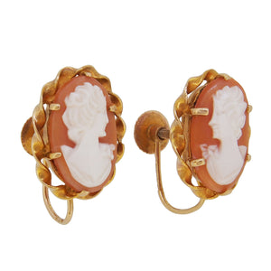 A pair of modern, 9ct yellow gold, cameo set screw on earrings.