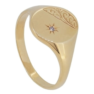 A modern, 9ct yellow gold, diamond set, single stone, oval signet ring