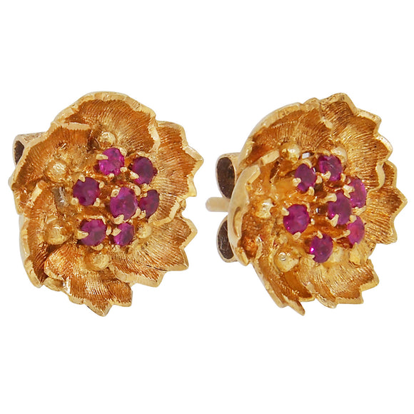 A pair of mid-20th century, 18ct yellow gold, ruby set, floral, cluster stud earrings